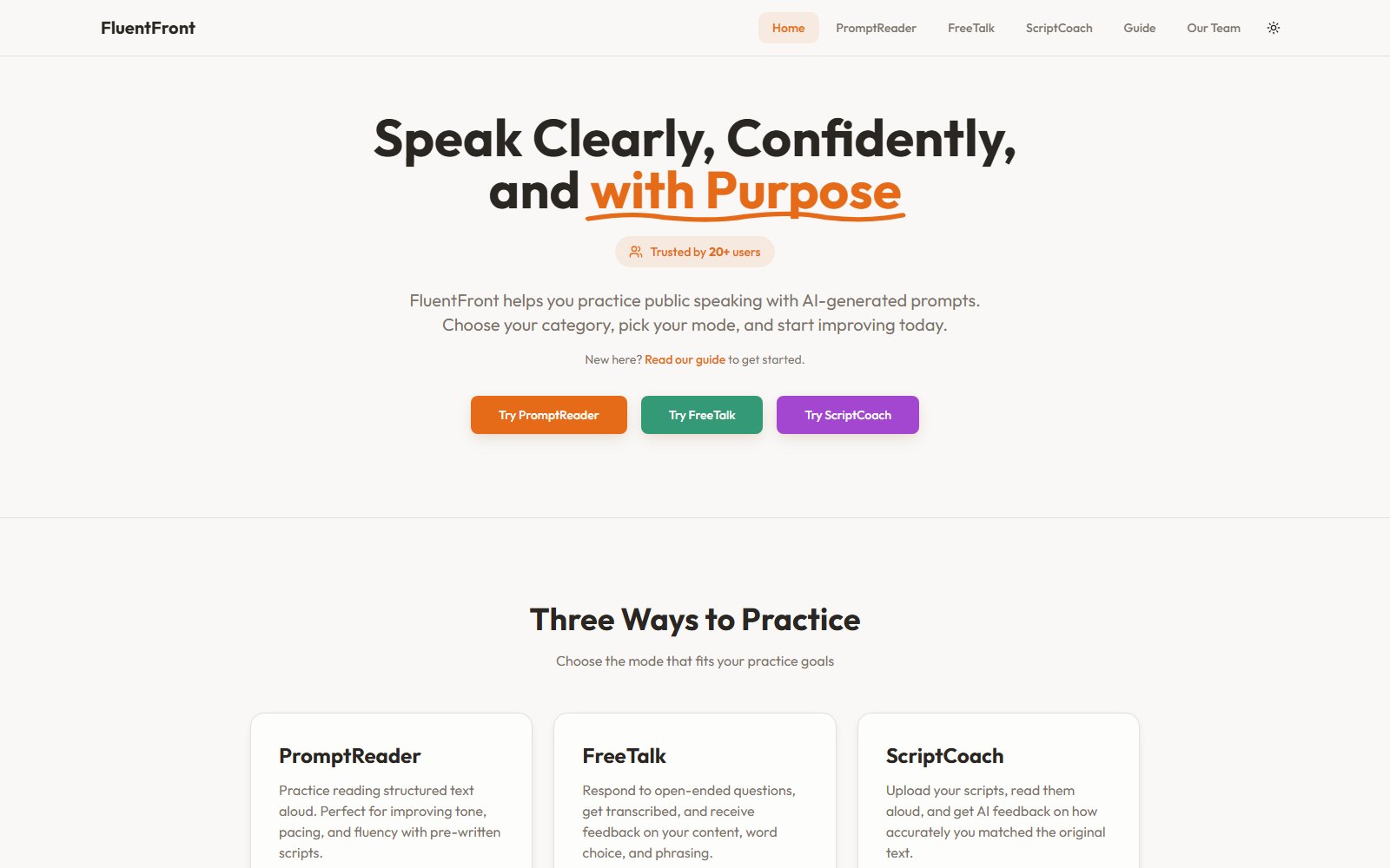 Screenshot of the FluentFront home page